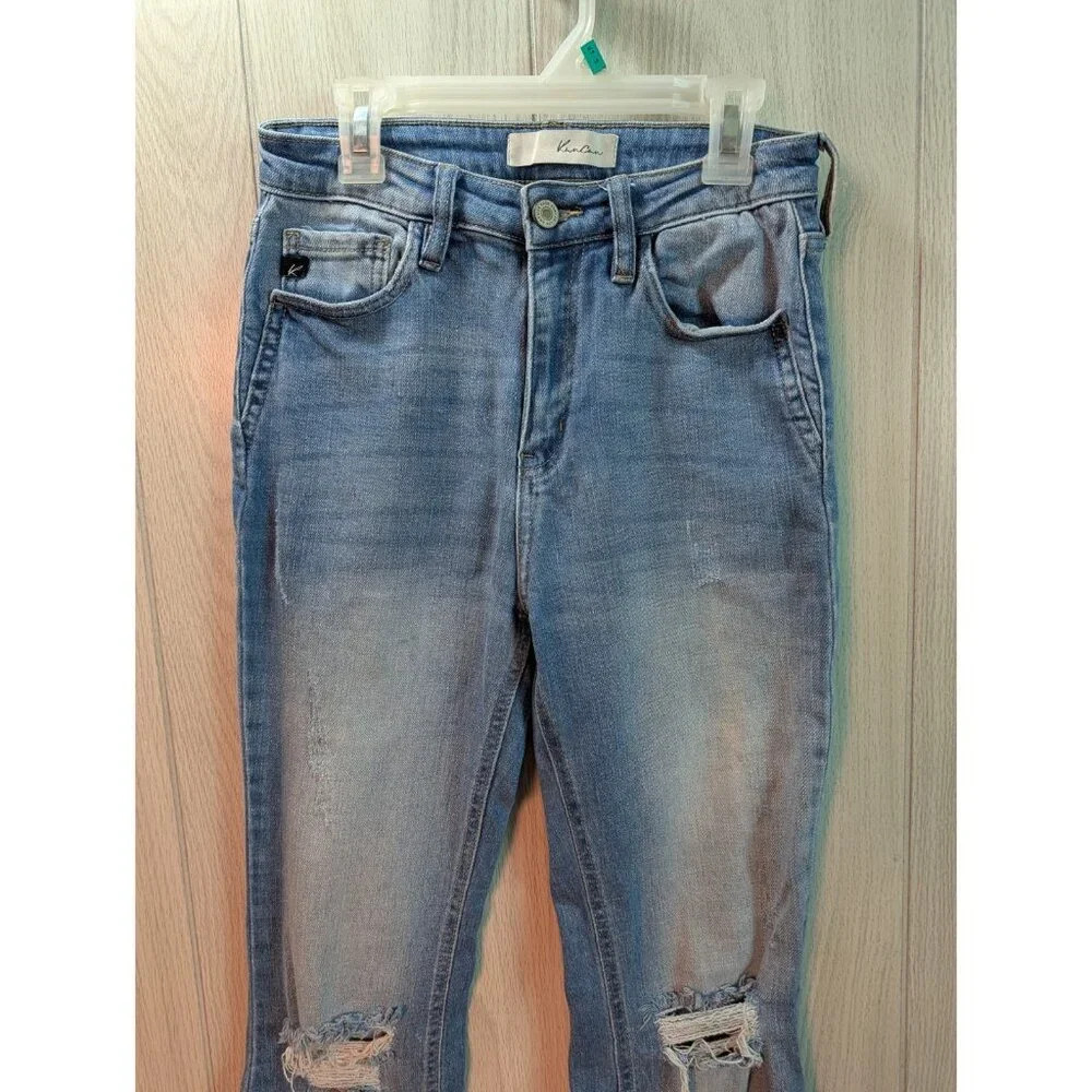 KanCan Flare Jeans Womens 6/25 Light Blue Distressed Fray Hem High Rise Western - Picture 2 of 11